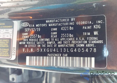 2020 Kia Optima Ex Premium z USA, uszkodzony, nr VIN 5XXGU4L13LG405478